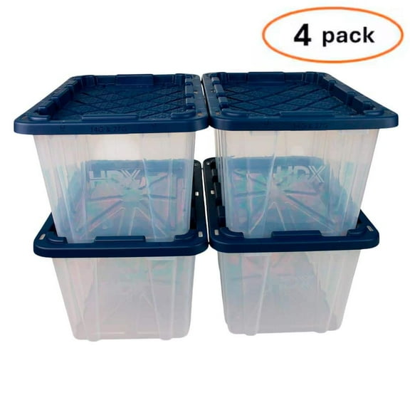 27-Gal. Heavy Duty Clear Blue Storage Totes with Lids - Stackable, Water-Resistant (4-Pack)