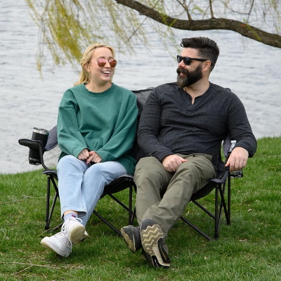 2 Person Folding Loveseat Comfortable Double Foldable Camping Chair Folding Lawn chairs for Outside, Grey