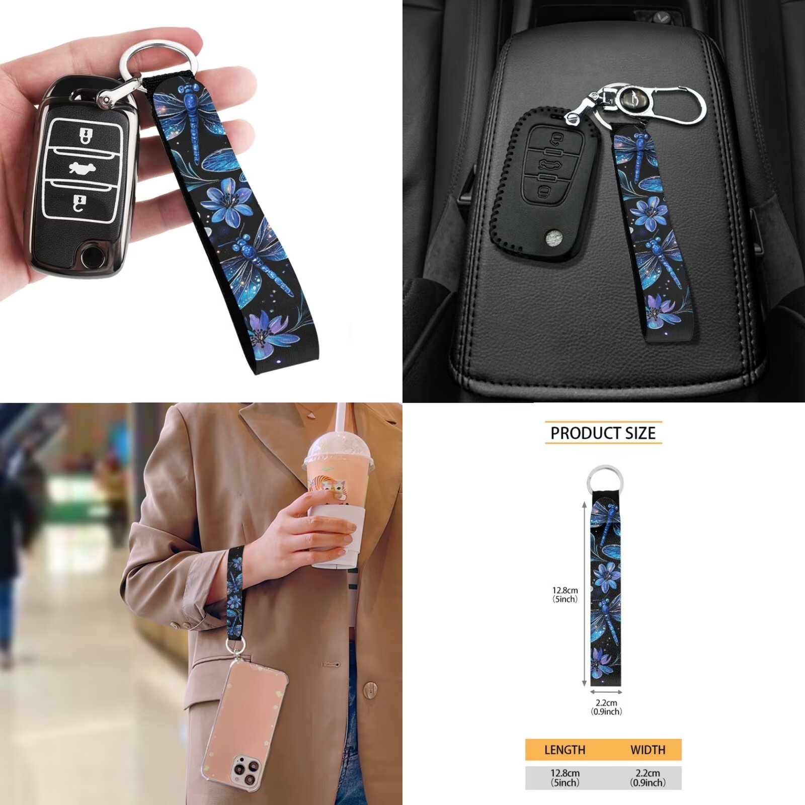 Garronmavis Blue Dragonfly Print 11 Pack Car Seat Covers Full Set Easy to Install and Clean with Cars Headrest Protectors+Wristlet Keychain+Auto Cup Coaster+Handbrake Gear+Shift Knob Cover