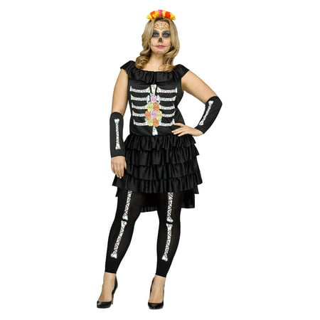 Adult Womens Dia de Los Muertos Plus Size Dress Headband Halloween Costume