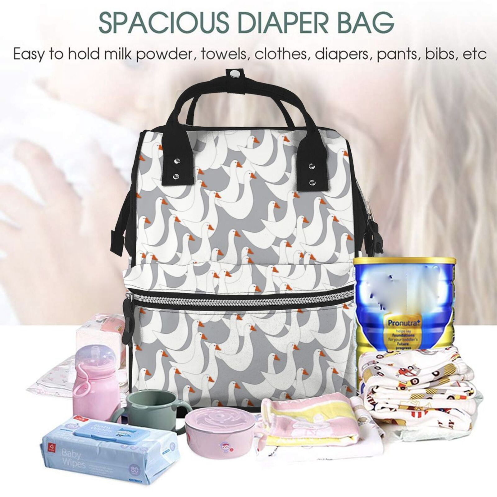 Fuzoiu White goose Print Diaper Bag Backpack,Baby Essentials Travel Tote,Multi function Waterproof Diaper Bag, Travel Essentials Baby Bag - Unisex