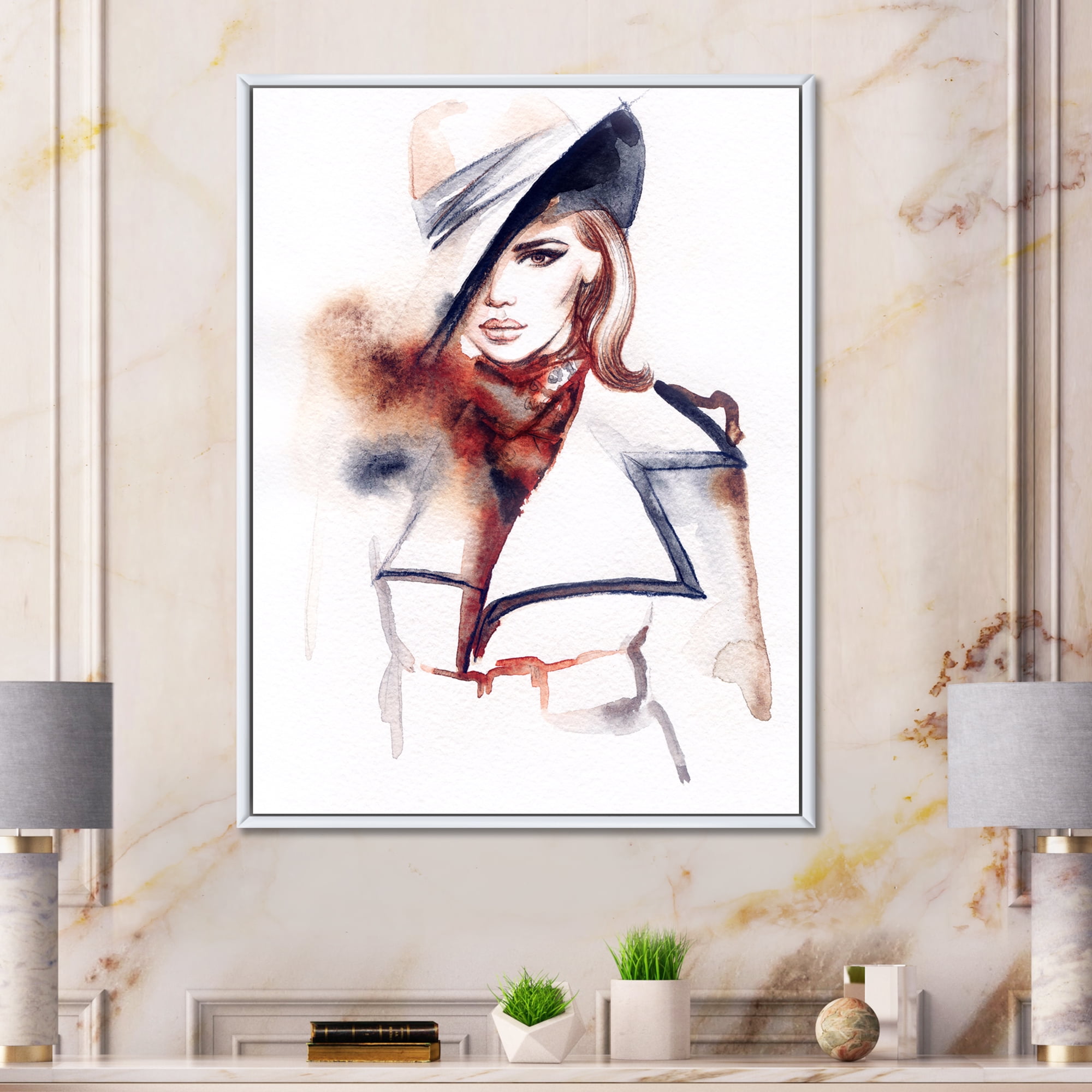 Designart 'Fashion Portrait of Woman Wearing Hat' Modern Framed Canvas Wall Art Print