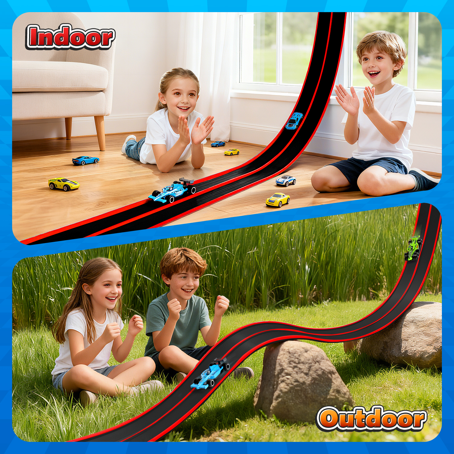 Beefunni 15FT Flexible Race Track for Kids, Bendable Track with Suction Cups, Portable & Foldable Indoor/Outdoor Toy, Compatible with Most 1:64 Toy Cars, Creative Gift for Boys & Girls (Red-Black)