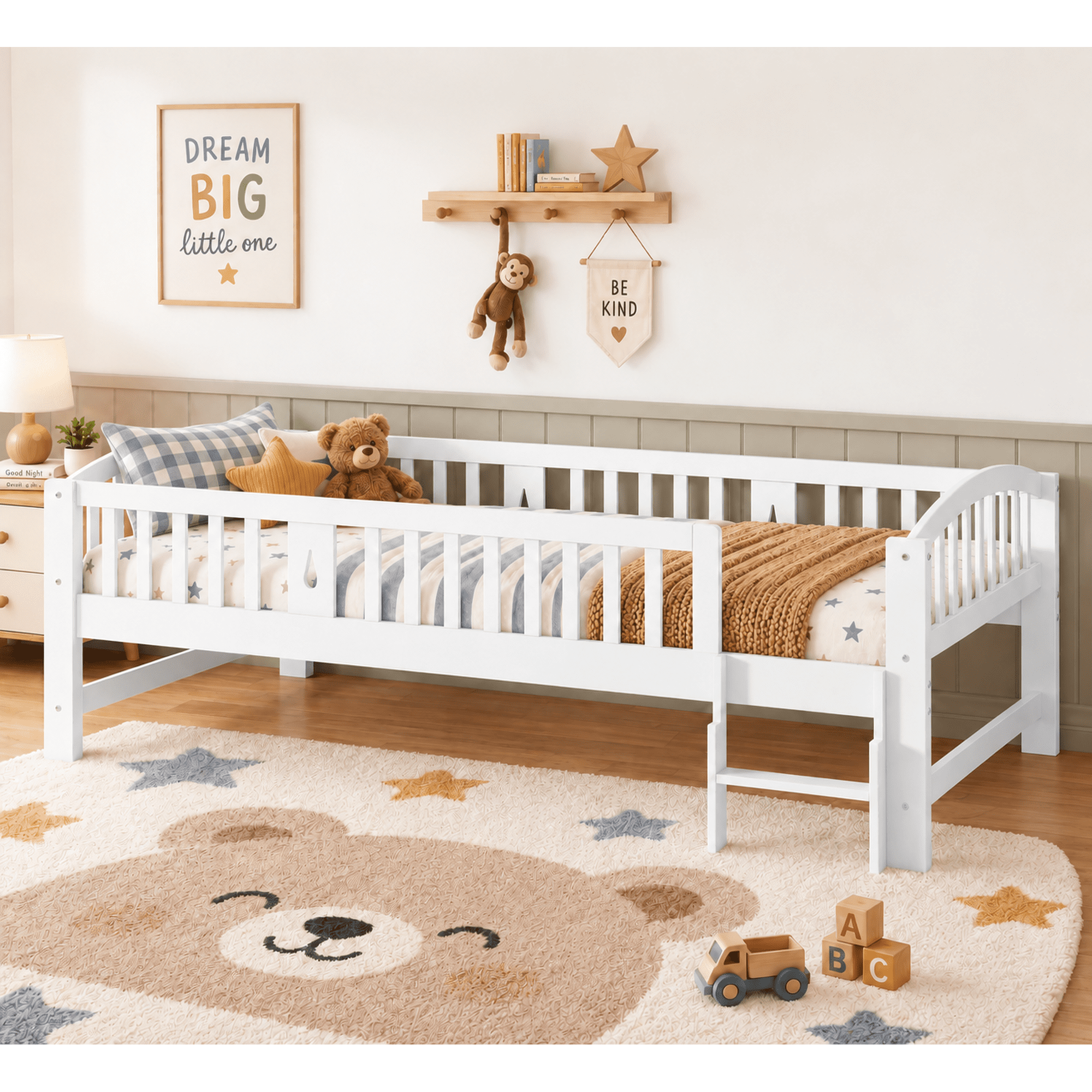 Sesslife Twin Platform Bed Frame, Solid Wood Montessori Bed with Safety Guardrails and Ladder, Twin Low Profile Bed with Slats for Boys Girls, No Box Spring Needed, Holds 400 lbs, White