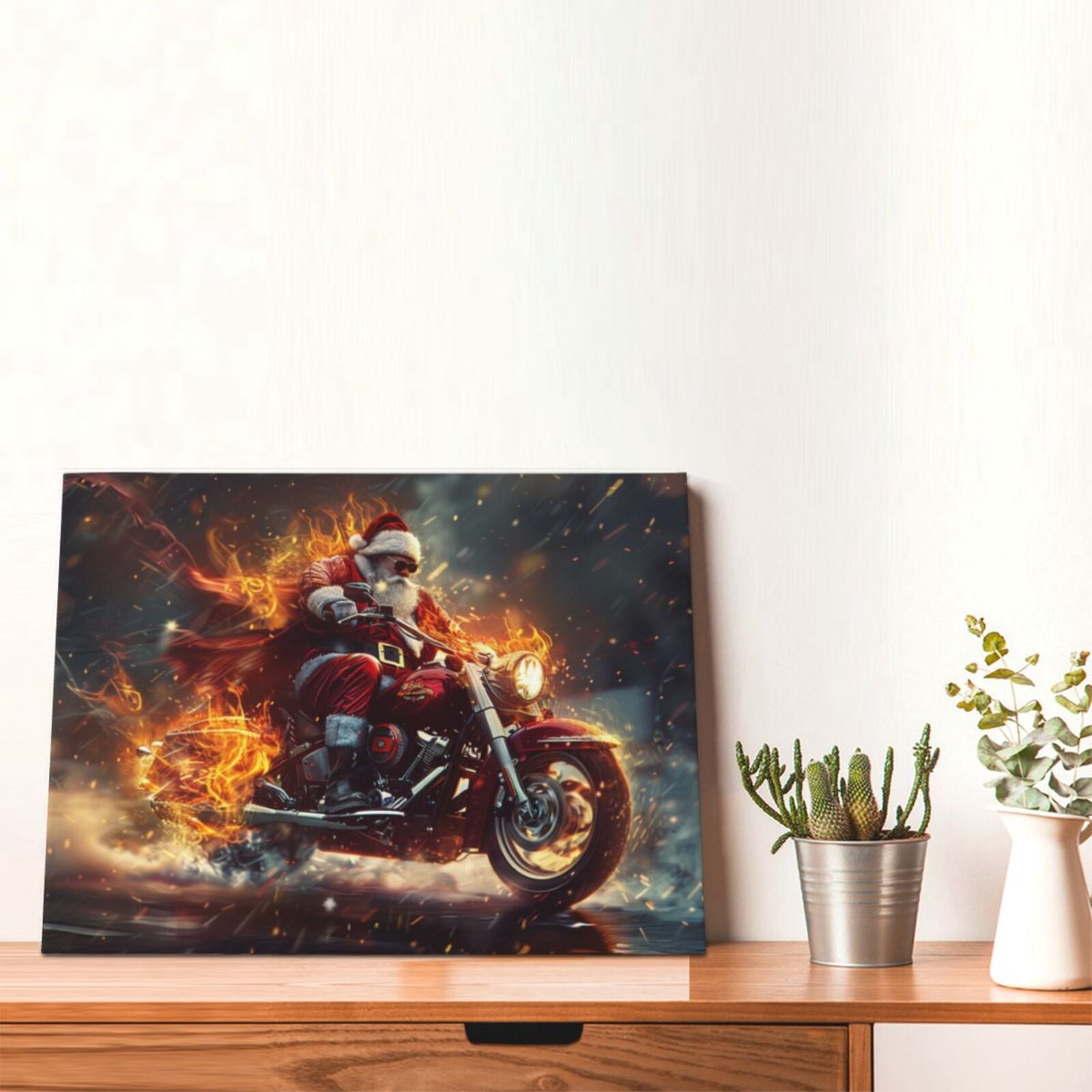12x16 inch Frameless Wall Art Santa Claus Rides A Flame Motorcycle&nbsp;Prints,Man Cave,Tavern,Living Room Wall Art Decor Canvas Prints,Classic Santa Claus Rides Motorcycle&nbsp;Decor Poster Painting