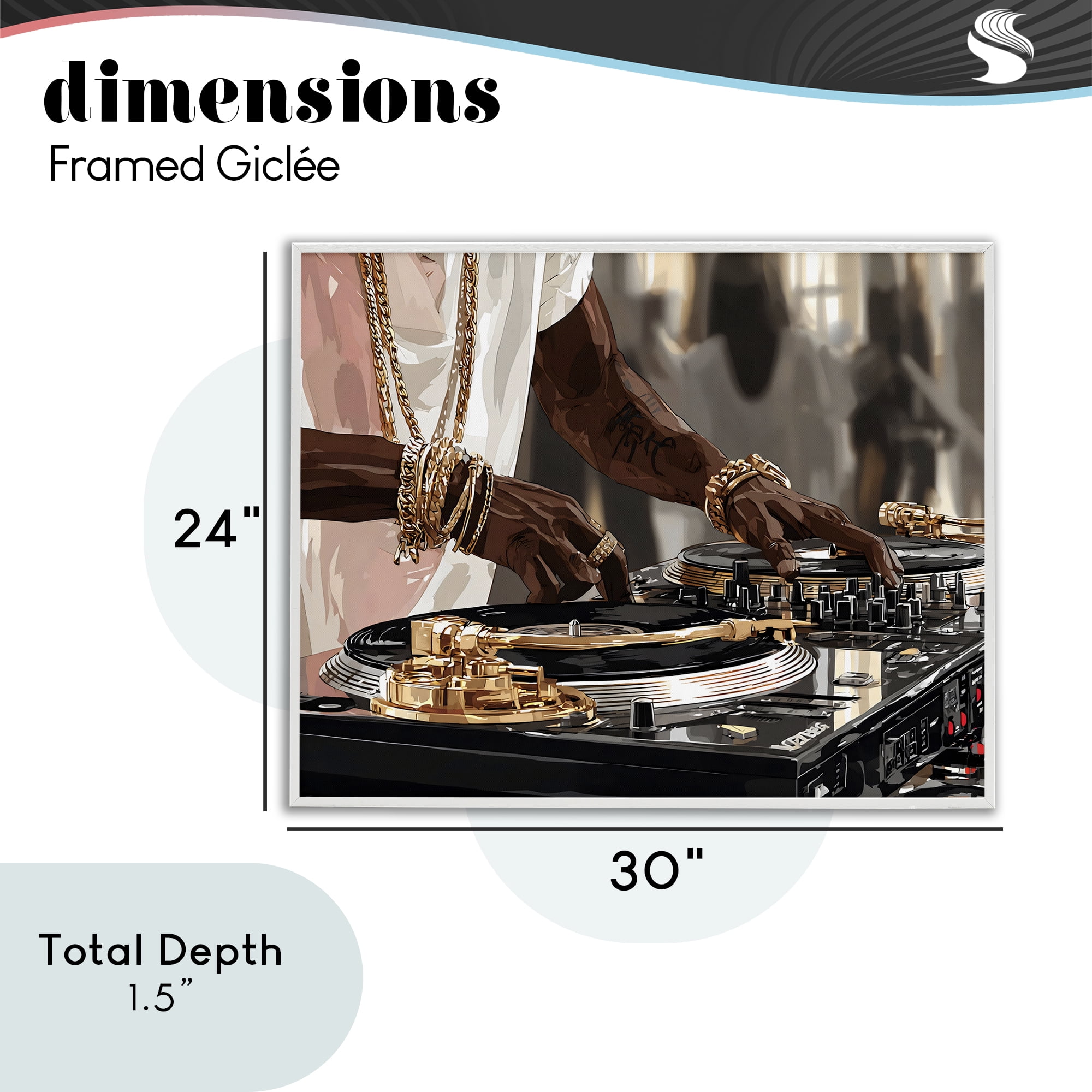 Stupell Industries Golden Sound DJ Turntables White Framed Giclee Art, design by Franklyn Gregory