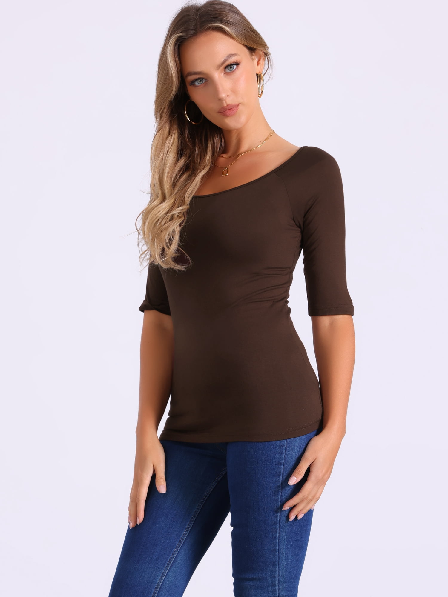 DARING DIVA Women's Slim Fit Pullover Boat Neck Stretchable T-Shirt S Coffee Brown