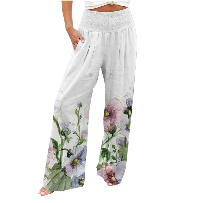 Women's Summer Boho Pants Print Loose Linen Elastic Waist Trousers