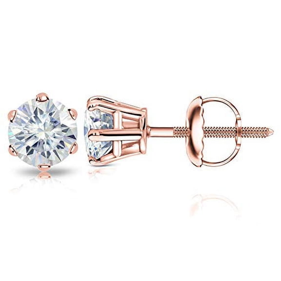 14k Rose Gold Round Moissanite Stud Earrings (1ct TGW, 5mm, J-K) 6-Prong Set, Screw-Back by Diamond Wish