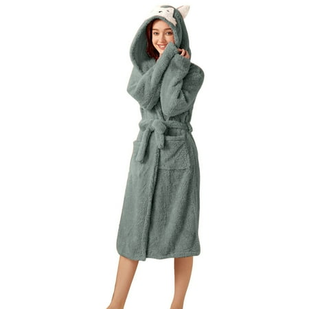 

Women S Double Pocket 3d Ear Hooded Flannel Bathrobe Soft And Warm Double Faced Velvet Bathrobe Pajamas for And Women