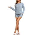 thumbnail image 2 of Conjunto de pijamas para mujeres INSPIRE CHIC de manga larga, con cintura elástica, parte superior y pantalones cortos, conjunto de ropa de casa con bolsillos, azul L, 2 of 6
