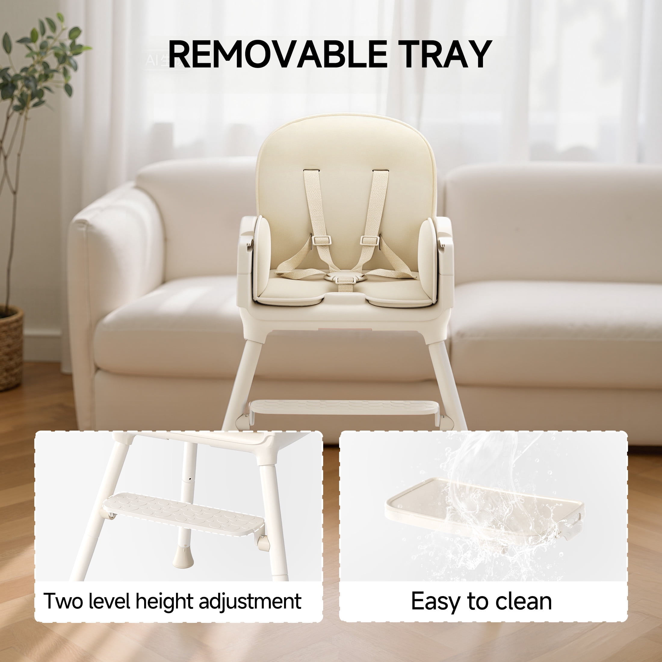 Babyomi 3-In-1 Foldable Baby High Chair, Convertible Highchairs For Babies and Toddlers With Adjustable Legs & Dishwasher Safe Tray, For 6 Months To 5 Years,Beige