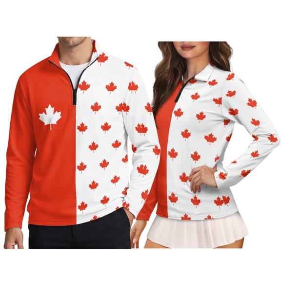 Jeiento Canada Maple Couple Matching Shirt, Mens Golf Shirt Stretch polyester fabric, long sleeve for sun protection. Includes men golf shirt and women top for all-season outdoor use
