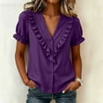 thumbnail image 3 of Cilsoka Women's Ruffle Trim Button Down Shirts Summer V Neck Puff Sleeve Cotton Linen Tops Casual Loose Fit Solid Blouse, 3 of 6