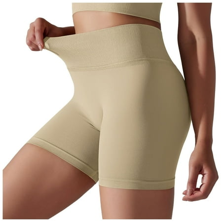ZHAGHMIN Ladies Hiking Shorts Women S Solid Color Seamless High Waist Tights Yoga Shorts Tummy Control Running Fitness Gym Shorts Pants Beige SizeM