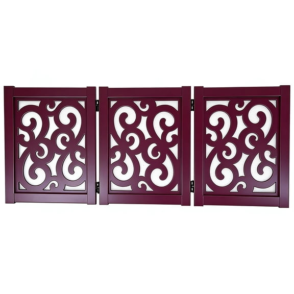 Ashfield & Harkness: 3-Panel Pet Gate - Scroll Mahogany - Wooden Foldable Freestanding Fence, Small Dogs & Puppy, 48 x 19.3", Doorway-Halls-Stairs