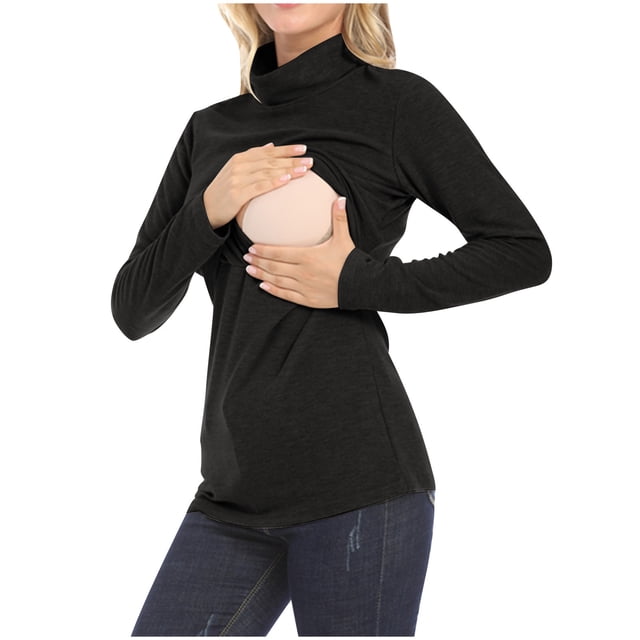 Haut de Maternité Uni à Col Montant, Tenue Décontractée Extensible, Chemise d'Allaitement à Manches Longues, Mélange de Coton Doux, pour Femmes Enceintes, Confort d'Allaitement, Tenue Quotidienne, Design Élégant, Haut de Mode Polyvalent