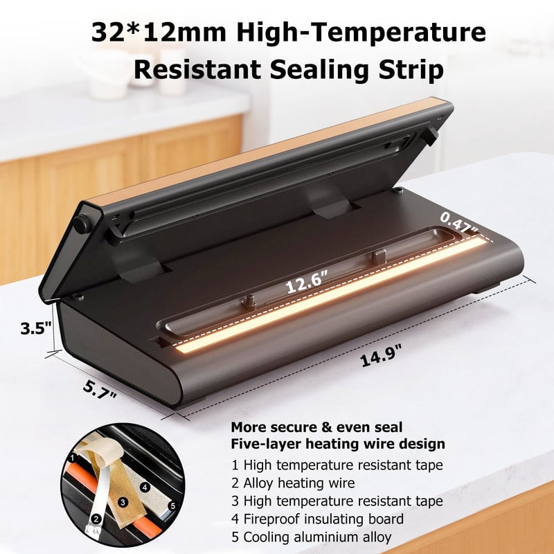 TINKLE WELL 6-in-1 Compact Vacuum Sealer Machine, Food Preservation System with Dry & Moist Modes, Includes 2 Bag Rolls + 5 Pre-Cut Bags, Cutter & ETL Listed, Gold