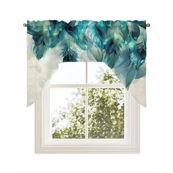 Teal Feather Kitchen Curtains Swag Valance for Windows/Bathroom/Cafe, Farmhouse Feather Art Teal Ombre Rod Pocket Drape Panel Swag Curtains Valance for Bedroom/Living Room 56"x36"