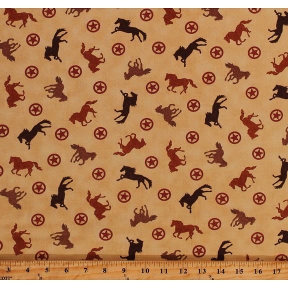 Cotton Wild Horses Western Cowboys Stars Home on the Range Deb Strain Tan Cotton Fabric Print by the Yard (19996-11)