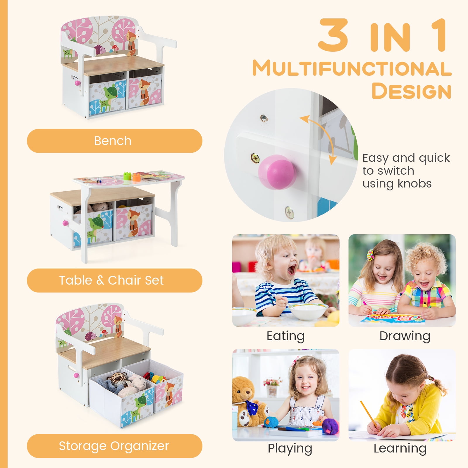 Infans 3 in 1 Kids Convertible Activity Bench Children Table & Chair Set w/ 2 Bins