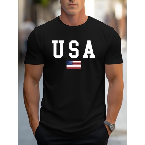 Men'S Casual Crew Neck T-Shirt with USA Flag Print, 95% Polyester 5% Elastane, Slight Stretch Knit Fabric, Regular Fit, Summer Wear - Brand Tee For Adult, Men, Women, Teen, Teenager, Adoles