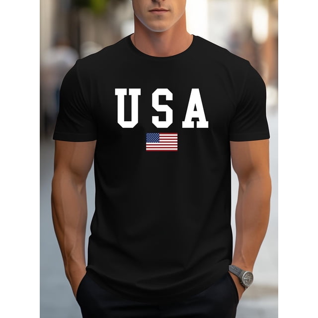 Camiseta informal de cuello redondo para hombre con estampado de la bandera de EE. UU., 95 % poliéster, 5 % elastano, tejido de punto ligeramente elástico, corte regular, para verano. Camiseta de marc