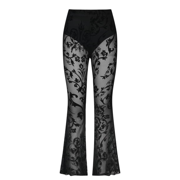 Pantalones largos para mujer Pantalones acampanados elásticos con estampado de color sólido transparente de malla informal para mujer Odeerbi ODB-2
