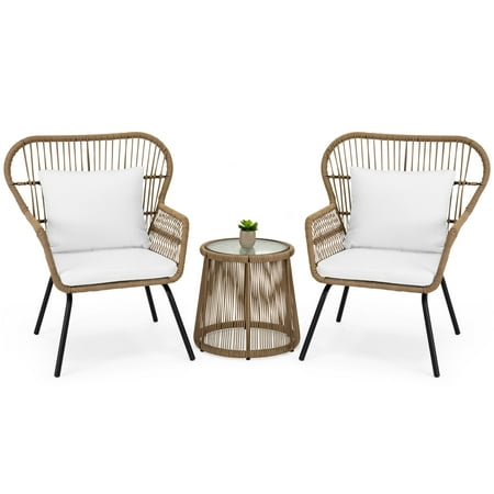 Best Choice Products 3-Piece Outdoor All-Weather Wicker Conversation Bistro Furniture Set with 2 Chairs and Glass Top Side Table,