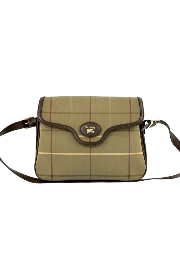 Pre-Owned Burberrys Shadow Horse Logo Nova Check Pattern Canvas Leather Shoulder Bag, Khaki...