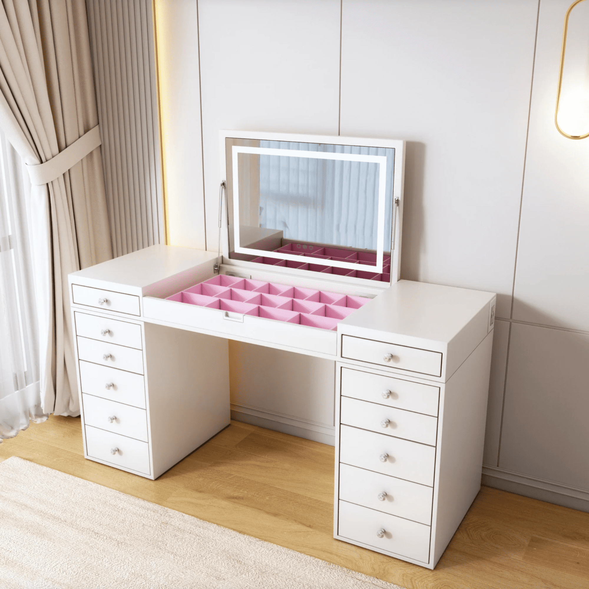 Impressions Vanity SlayStation Madison Vanity Table with Flip Top LED Mirror, Removable Storage Tray