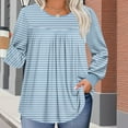 thumbnail image 4 of Miluxas Women's Solid Color Basic Plus Size Stripe Print Tees Long Sleeve Pleated Round Neck Casual Shirts Loose Daily Blouses Light Blue XL(XL), 4 of 6