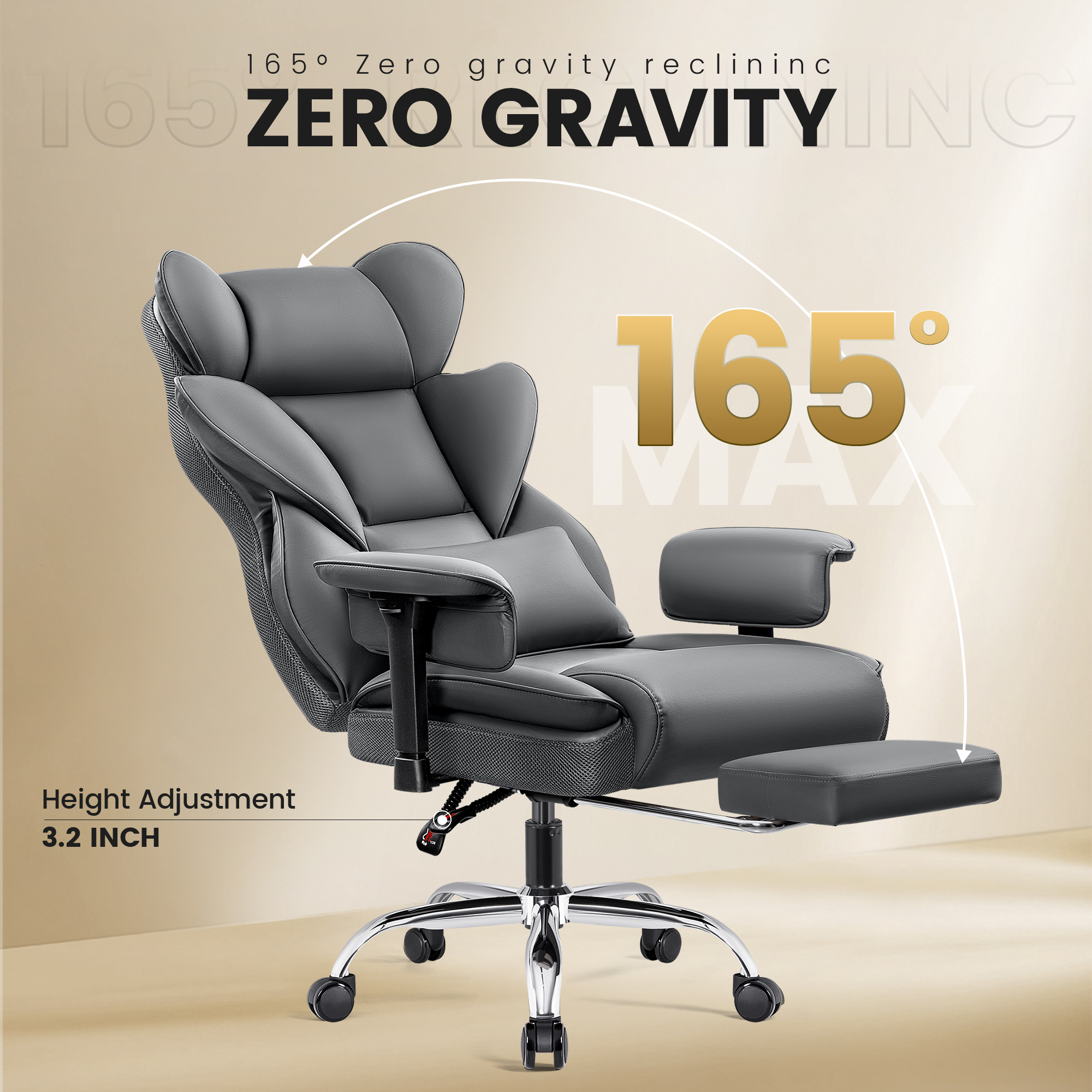 COOLHUT Large Executive PU Leather Office Chair with Adjustable Armrests and Footrest, High Back and Lumbar Support, Ideal for Big and Tall Users, Perfect for Home Office or Computer Desk Use, Gray