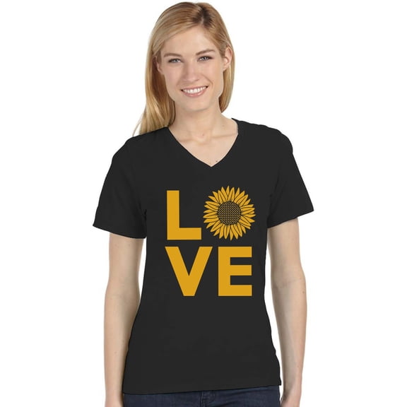 Love Sunflower Top for Women Girls Cute Summer V-Neck Fitted Women T-Shirt XX-Large Black