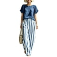 thumbnail image 4 of Costeam Womens 2 Piece Casual Outfit Set Solid Short Sleeve Crew Neck Top Striped Loose Full Length Pants Dual Side Pockets Elastic Waist Relaxed Fit Daily Matching Co Ord, 4 of 6