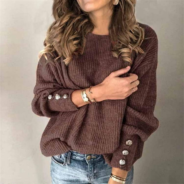Jsaierl Women's Fall Winter Warm Knit Sweaters Plus Size Long Sleeve Button Decor Pullover Causal Loose Round Neck Tops Solid Color Comfy Blouses