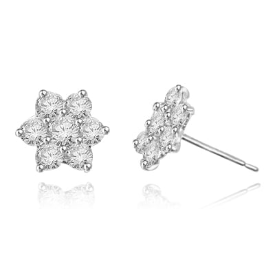 Prong Set Floral Earrings with Simulated Round Brilliant Diamonds by Diamond Essence set in Sterling Silver