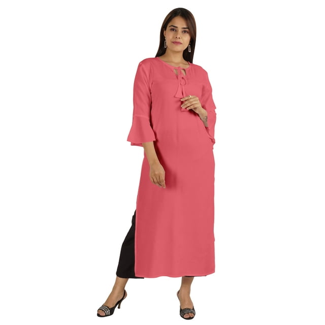Moomaya Solid Rayon Kurta For Women bell Sleeve Drawstring Neck Long Ethnic Kurti