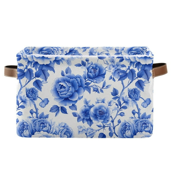 Storage Bins with Handle Fabric Organizer Basket Foldable Box 1 Pack Blue White Porcelain with Roses 14.2x10.2x8.3