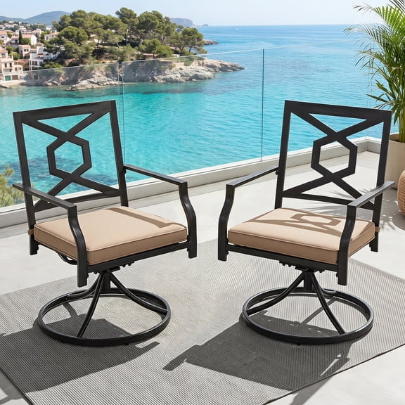 Nuu Garden Patio Swivel Chairs Set of 2,Outdoor Patio Dining Chairs Metal Swivel Chairs with Cushionsr for Patio, Garden, Backyard and Balcony,Black&Beige