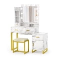 thumbnail image 3 of ZIAERKOR Marble Vanity Table w/9 Led Lights Mirror, Vintage Makeup Dressing Table with Drawer & Drawer Chest & Side Storage Shelf & Cushioned Stool, Dresser Table for Women, 3 of 8