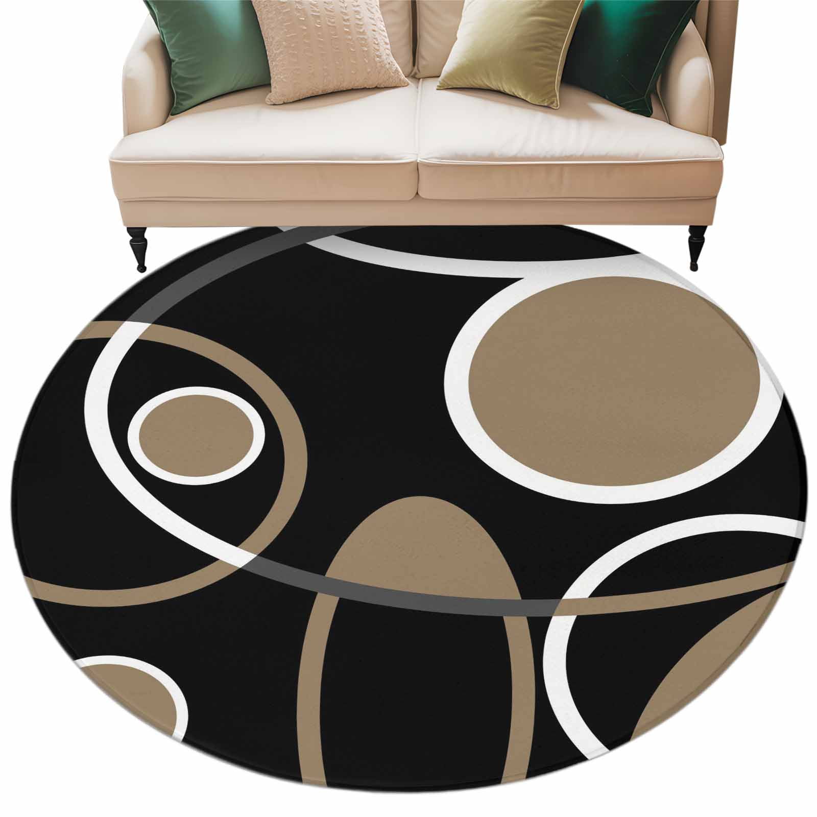 Round Area Rugs Collection 6 Ft, Black Brown Non-Slip Residential Carpet, White Circle Modern Minimalist Geometric Indoor Crawling Mats Runner Rugs for Living Room/Dining Room/Bedroom