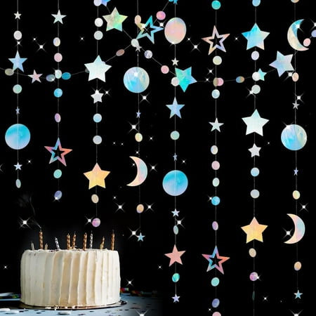 4pcs Paper Garland Banner Glitter Circle Star Moon Hanging Streamer Iridescent Paper Backdrop Banner