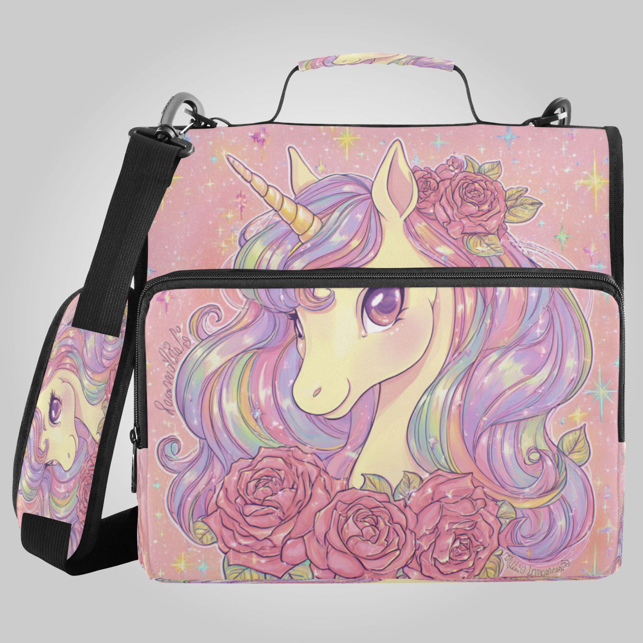 Zipper Binder 3 Rings Stationery Office Files Daily Organizer File Folder Storage Bag Cute Unicorn with Elegant Roses
