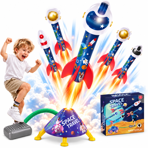 Kocmour Rocket Launcher Toy for Kids, Rocket Toys with 5 Foam Rockets, Shoots Up to 100 Feet, Outdoor Toys for Boys and Girls Ages 3 , Backyard Lawn Games, STEM Active Play