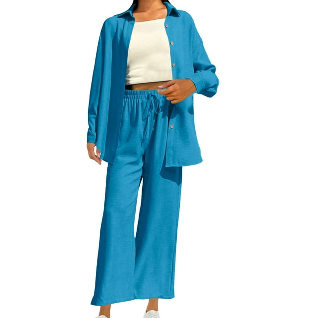 Timegard Womens 2 Piece Outfits Lapel Neck Button up Shirts Wide Leg Pants Lounge Sets Fall Clothing