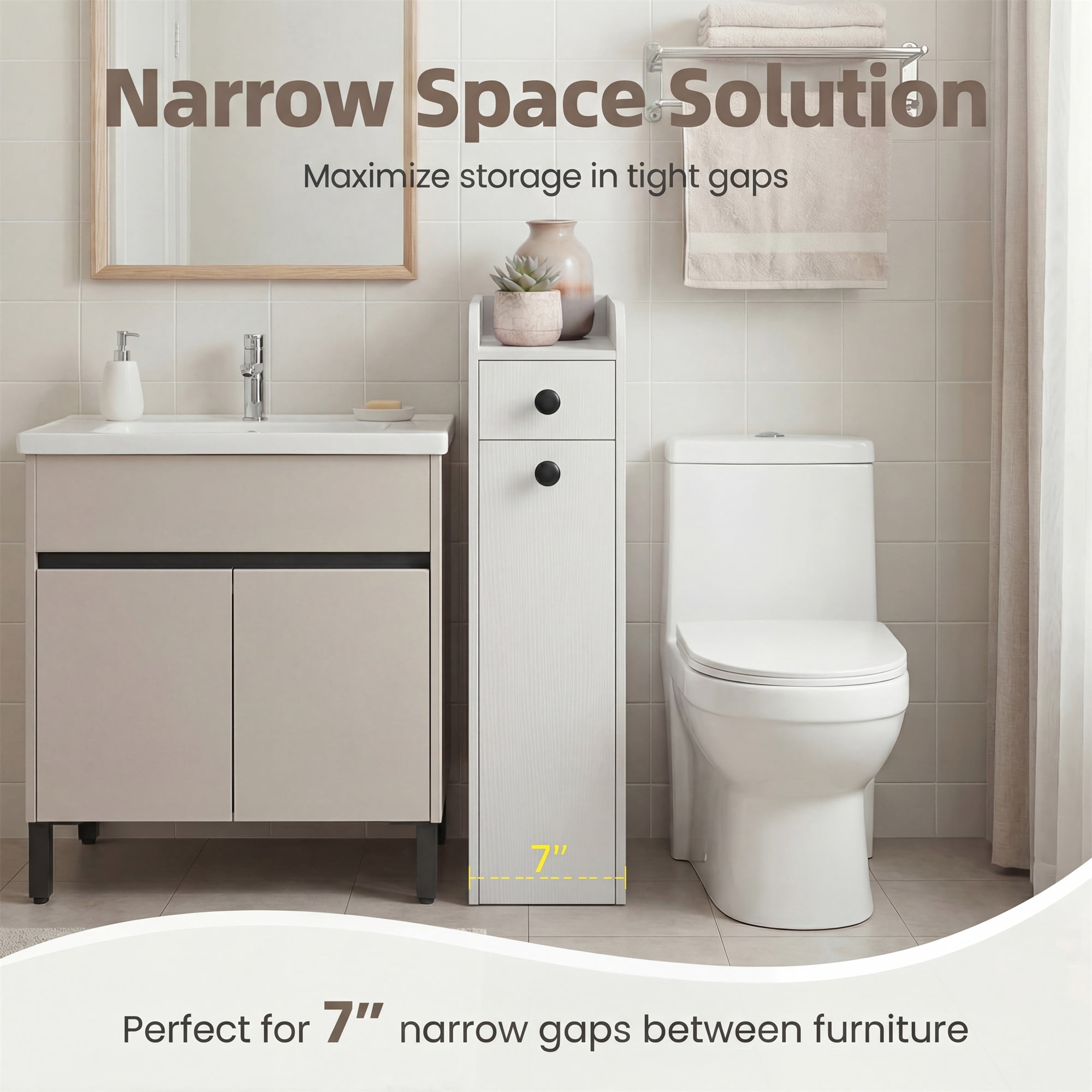 ELLEGNT Bathroom Storage Cabinet on Rolling Wheels – Slim Design, Slide-Out Drawer, Spacious Top, White