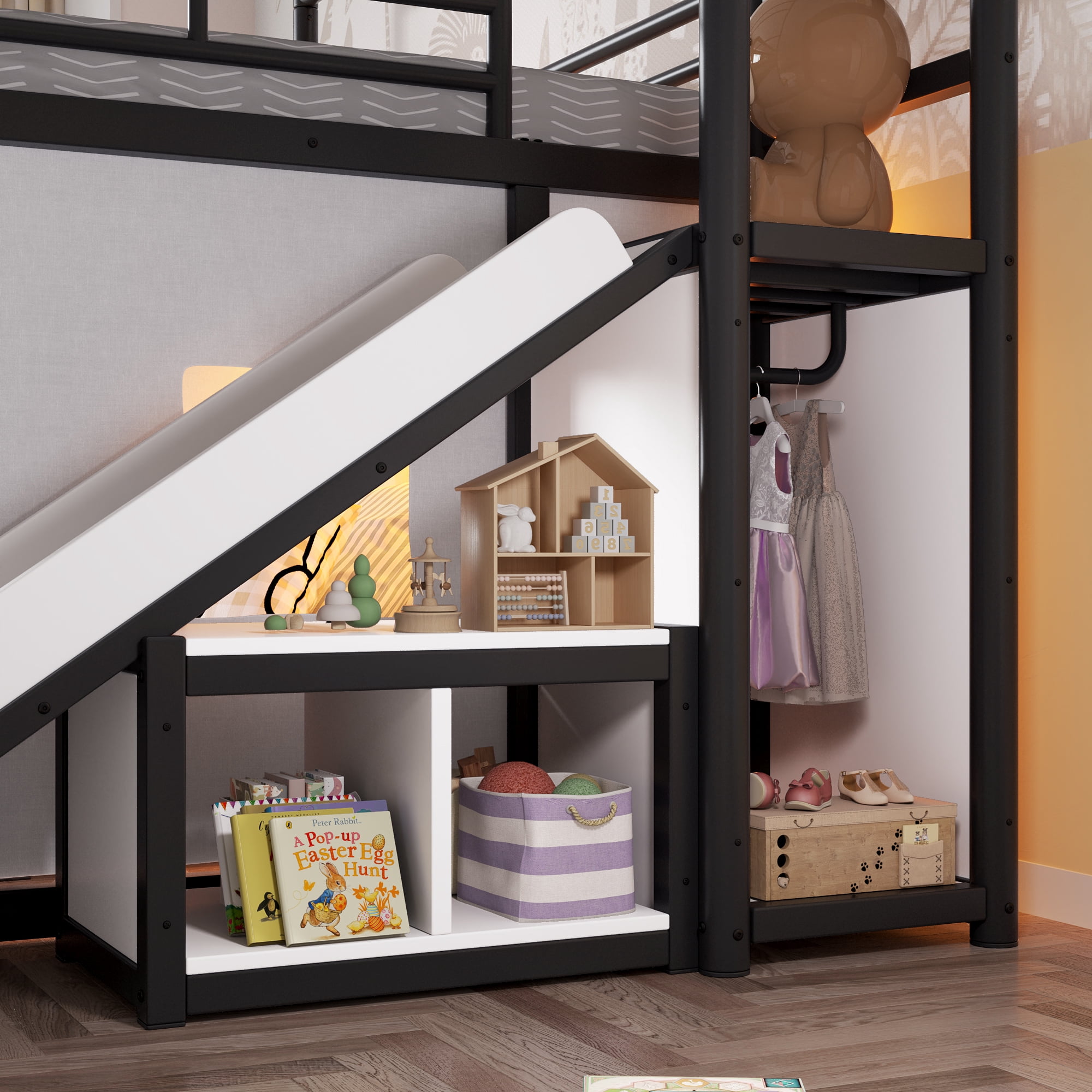 Leumius Full over Full Playhouse Metal Bunk Bed with Slide & Ladder, House Shaped Bunk Bed with LED Light Strip, Privacy Curtain, Movable Storage Cabinet and Hanging Rod for Bedroom Black