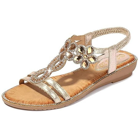 

Womens Flip Flops Dressy Bohemian Flower Rhinestones Flat Sandals Casual Summer Ankle Zipper Clip Toe Beach Travel Shoes