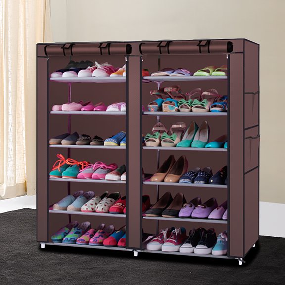 6-Row 2-Line 12 Lattices Shoe Rack Organizer for Adults, Coffee Non-woven Fabric Shoe Cabinet with doors for Home, (42.1" L x 11.61" W x 45.3" H)